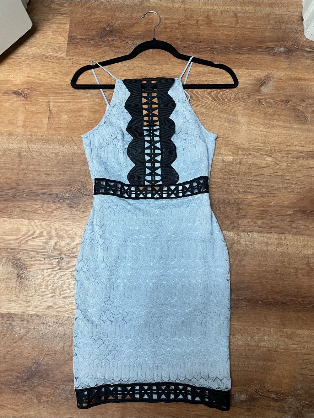 Sleeveless Light Blue Lace Dress with Black Trim